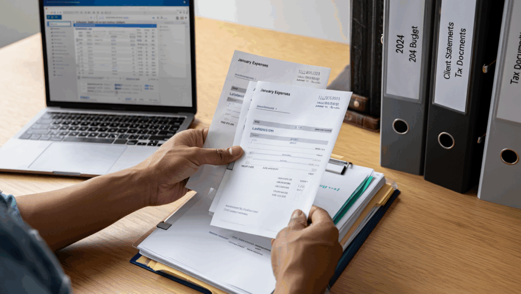 Gestion de documents administratifs sur un bureau.