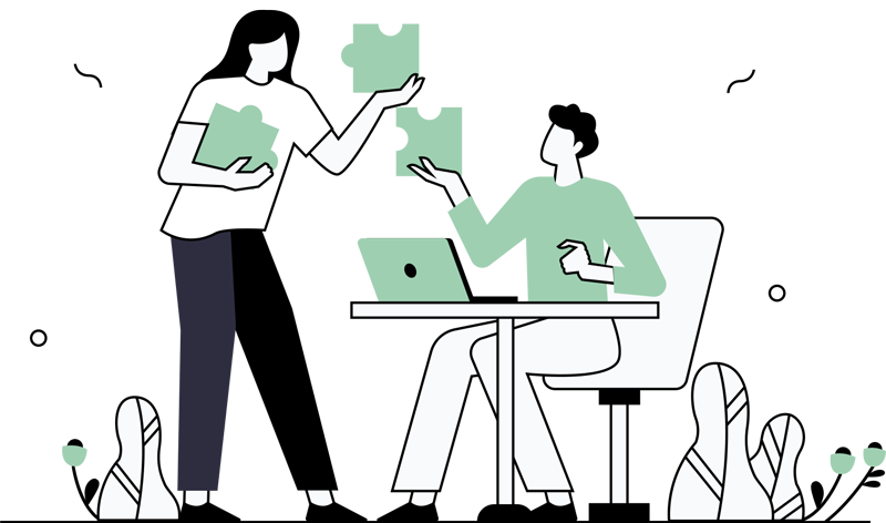 Illustration de professionnels collaborant autour d’ordinateurs.