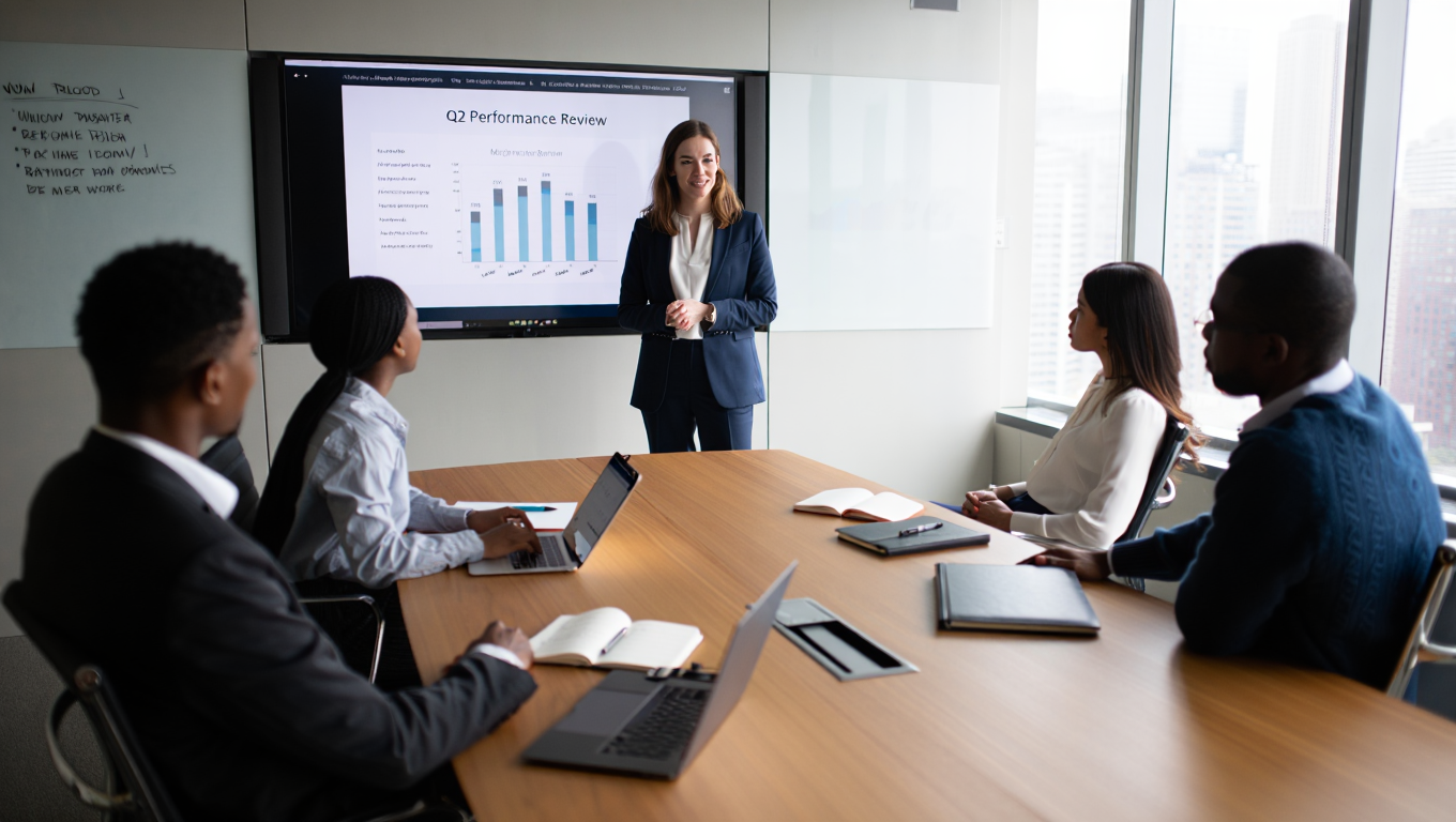 Réunion professionnelle avec présentation de graphiques.